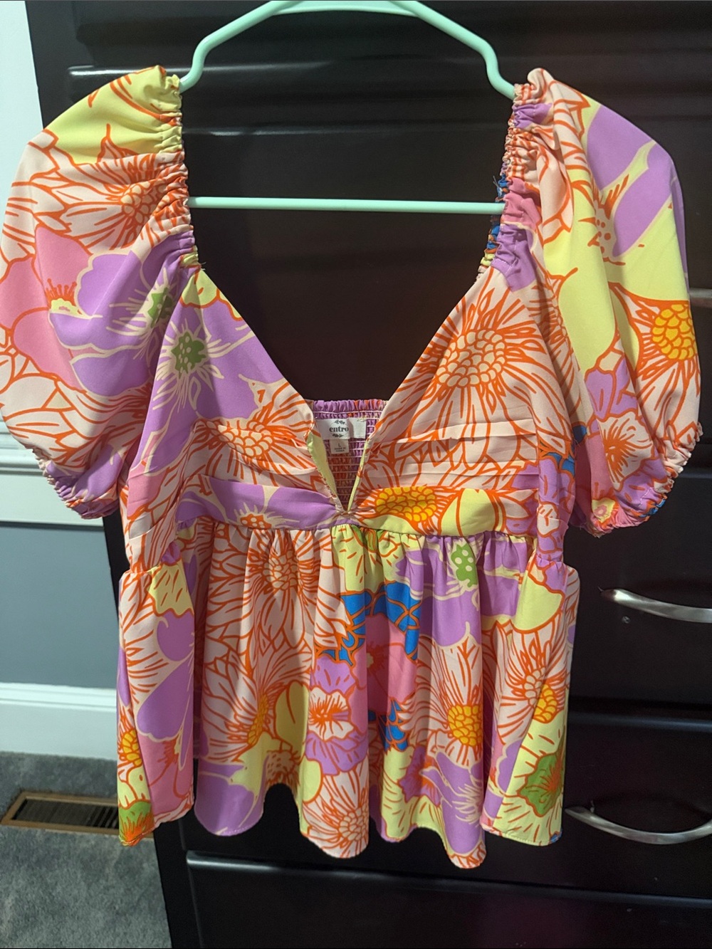 Entro Pheobe Colorful Floral Short Sleeve V Neck Babydoll Blouse Top